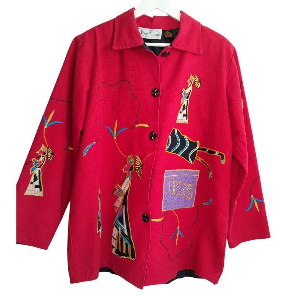 Vintage Patchington Jacket Aztec Tribal Embroidered Wearable Art Red Size M